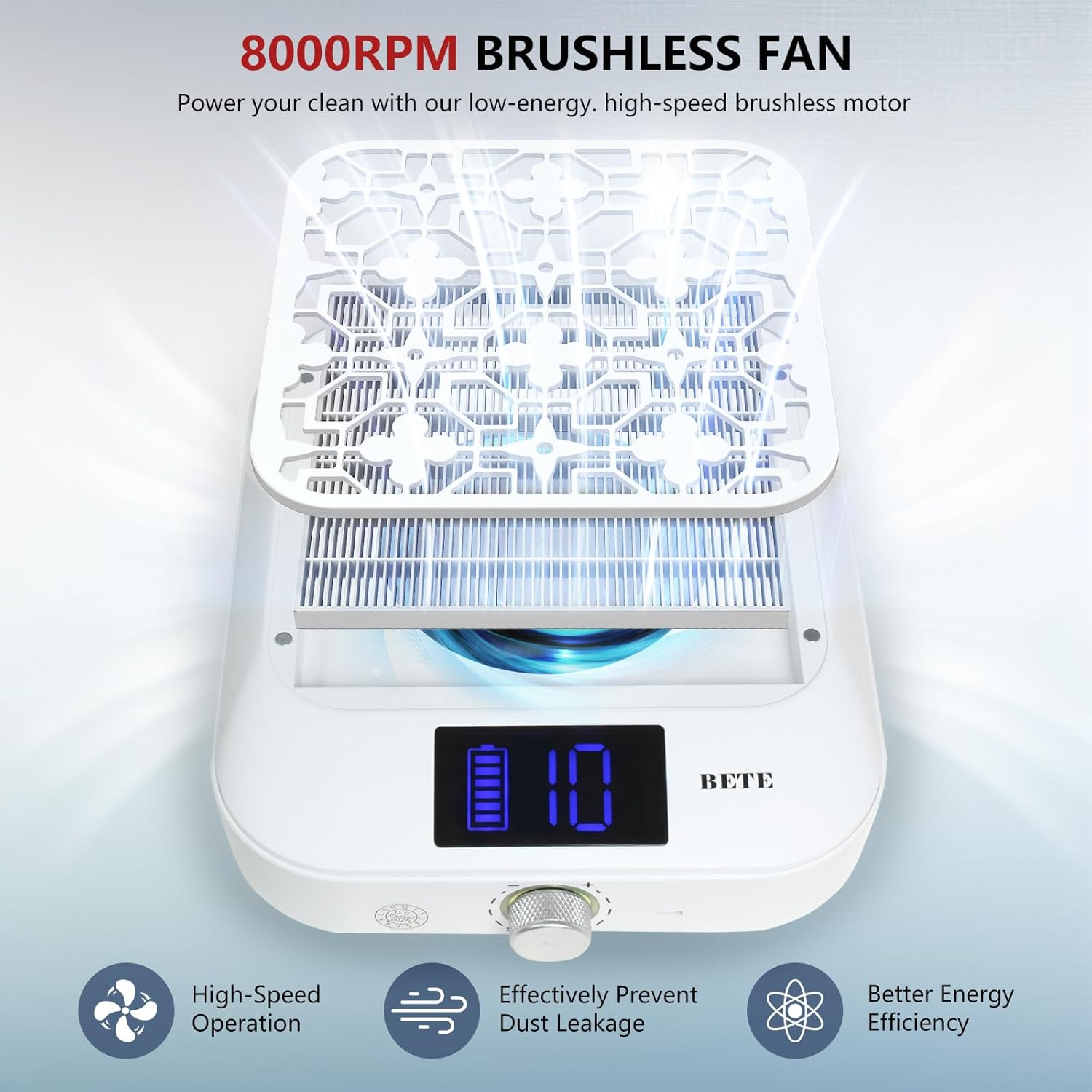 BETE Cordless Nail Dust Collector, 1800PA Powerful & Quiet Suction for Acrylic Nails Polishing, Rechargeable 6600mAh Battery with LED Display & Adjustable Speed, Perfect for Salon and Home Use, White