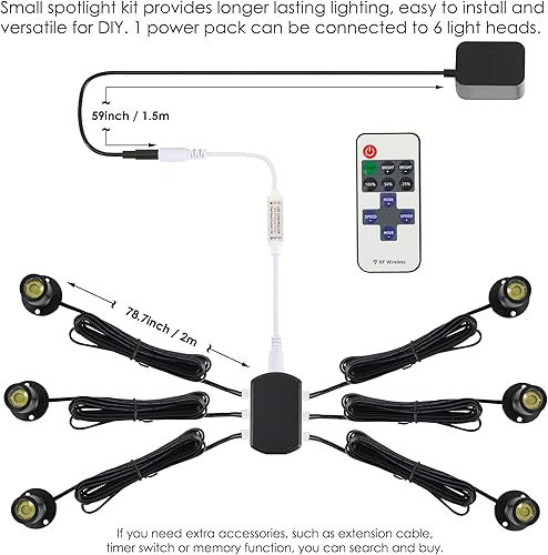 Vista 34 de DEDC 6 mini luces LED puntuales, 1 W, 5 V, 6000 K, luces para debajo del gabinete, mini focos para pantallas con atenuador