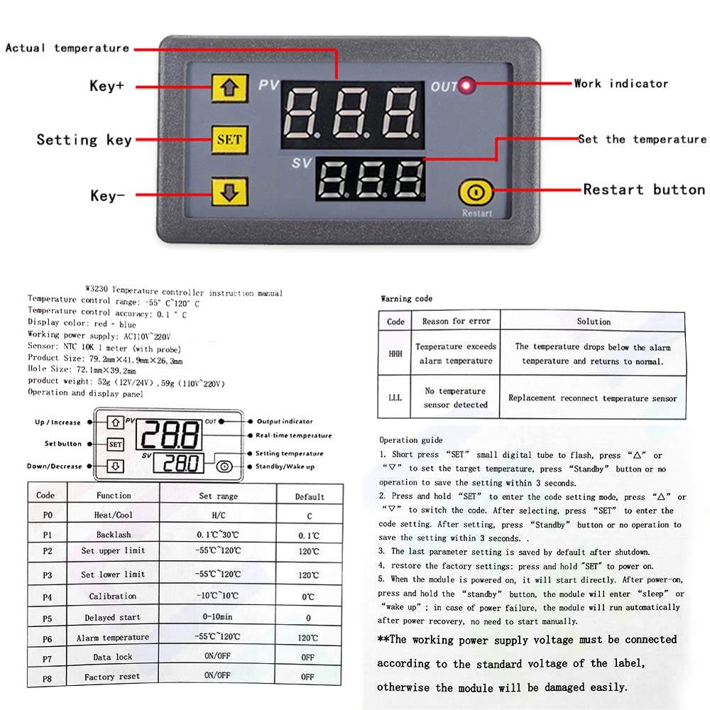 Termostato Digitale W3230 Termostato Digitale LCD W3230 - Regolatore Di Temperatura 110V-220V AC / 12V-24V DC | 10A/20A, Sensore NTC | Nuovo Controllo Riscaldamento Raffreddamento - 5