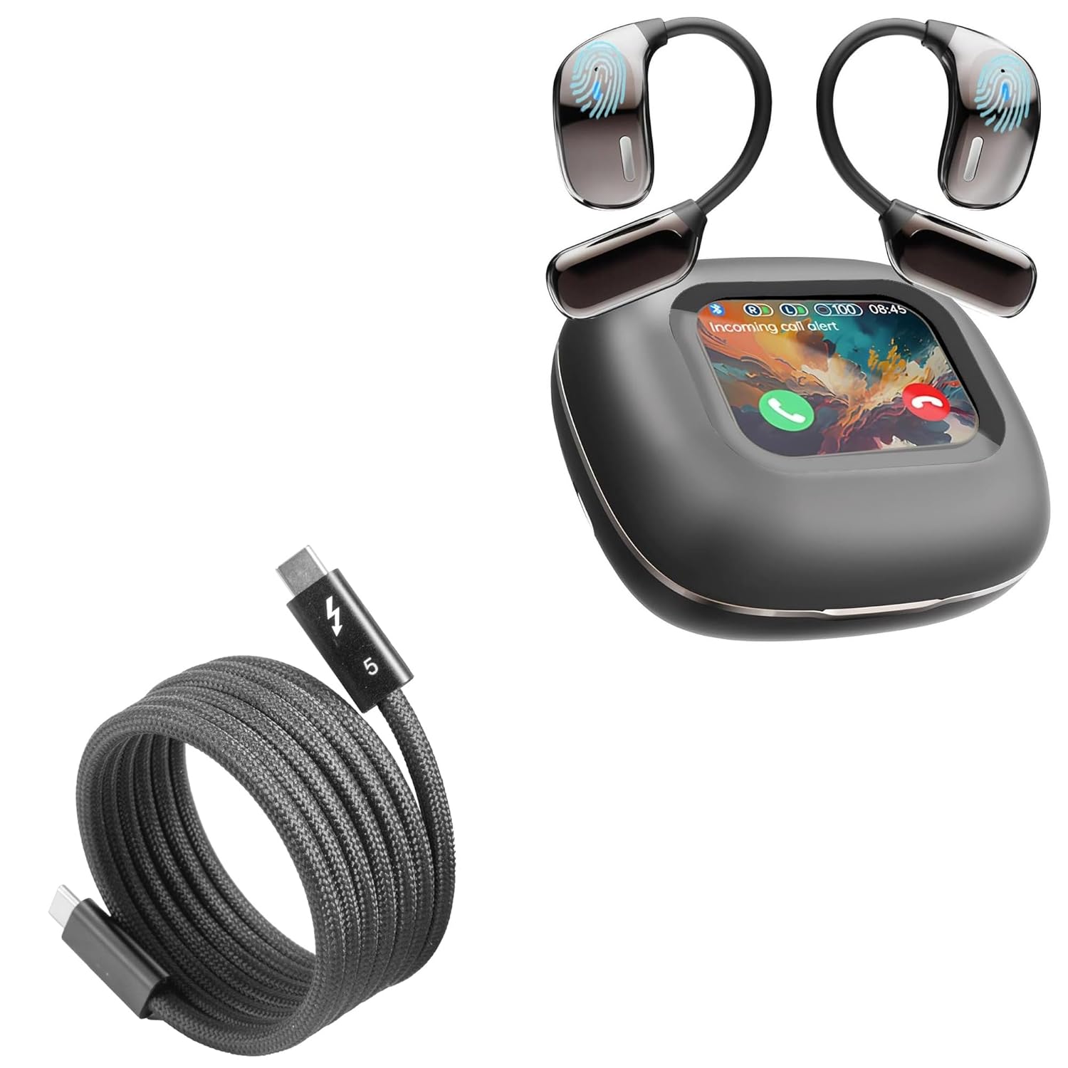BoxWave Cable Compatible with AMZISH Ai Translation Earbuds - SnapWrap Thunderbolt 5.0 Cable (5ft 240W), Magnetic Self-Coiling Nylon Braided Retractable - Jet Black