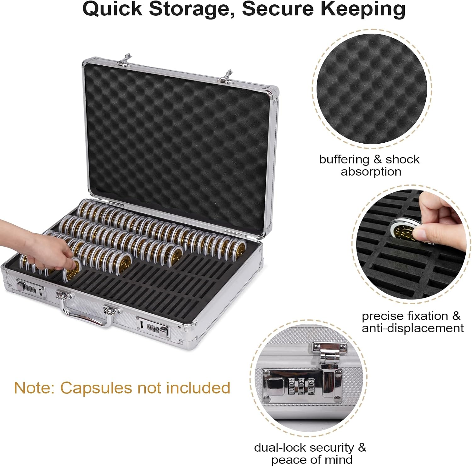 LOCKCURX Aluminum Coin Storage Box, 100 Coin Slots Lockable Coin Case with Reinforced Corners & Water-Resistant Shell, Coin Organizer, Silver (Case Only, Coins & Capsules Not Included)
