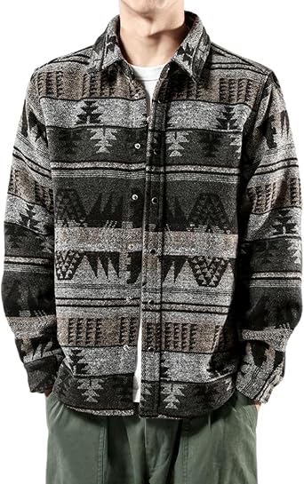FindThy Mens Brushed Flannel Shirts Ethnic Aztec Print Button Up Lapel Tribal Shirt Jacket Shacket