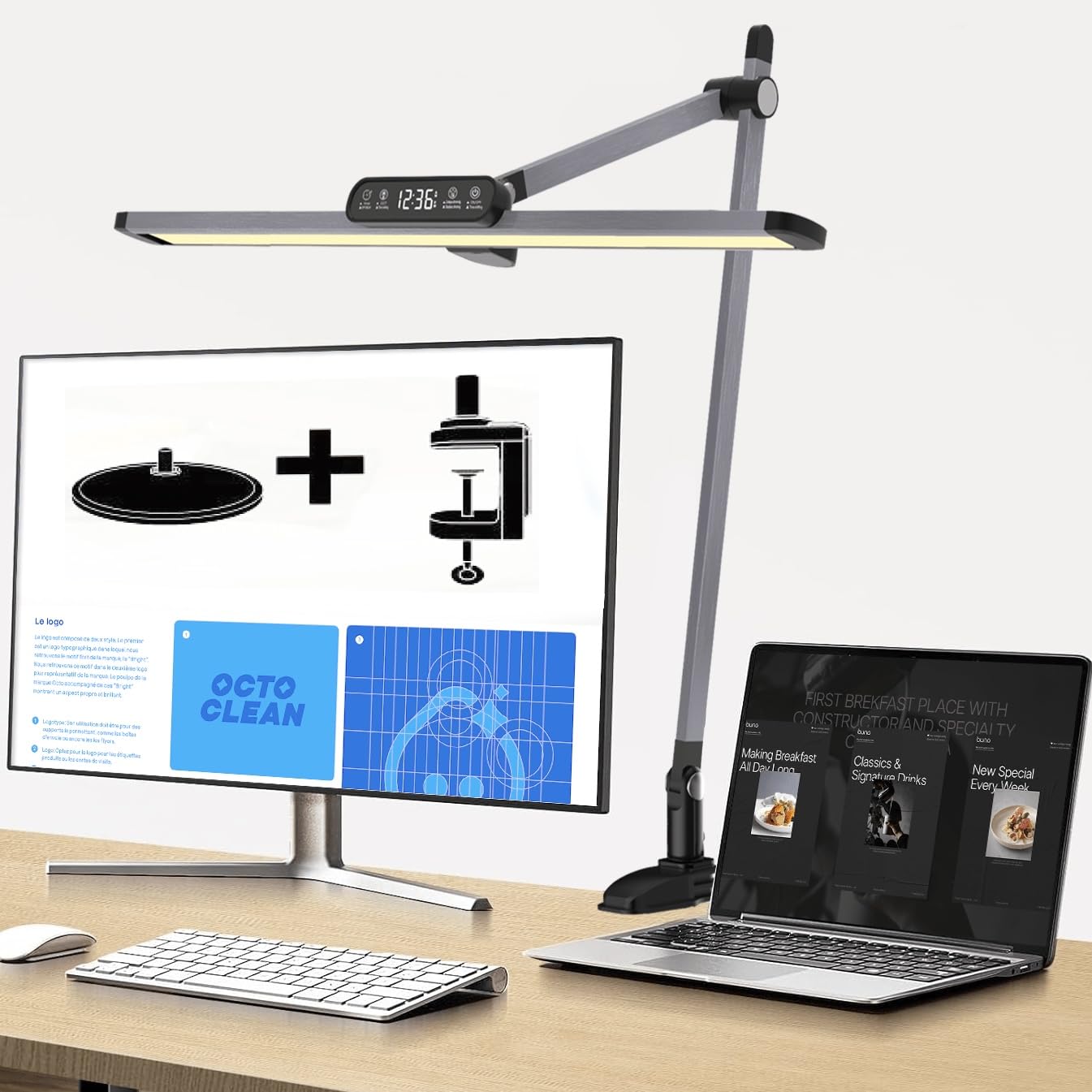 OTUS Lámpara Escritorio | Flexo Led Escritorio con Pinza, Base y Reloj | Lámpara de Oficina con Brazo Giratorio | Lámpara de Mesa con 3 Temperaturas de Color y Brillo Ajustable | Lámpara de Lectura