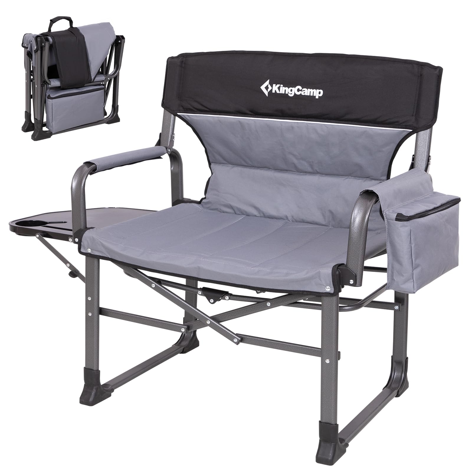 KingCamp XXL Regiestuhl Klappbar mit Extra Breit 80cm Sitzfläche bis 250 kg | Campingstuhl Faltbar mit Seitentisch & Kühltasche, Kompaktes Packmaß, Robuster Tragbarer Angelstuhl für Camping Picknick