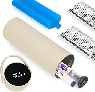 Leng Ke GLP1 Travel Case Fits Zpbound or Mounjaro Pens - Beige | ℃/℉ Digital Temp Display rechargeable, TSA Approved Reusable Ice Pack, Portable Medication Cooler for Travel