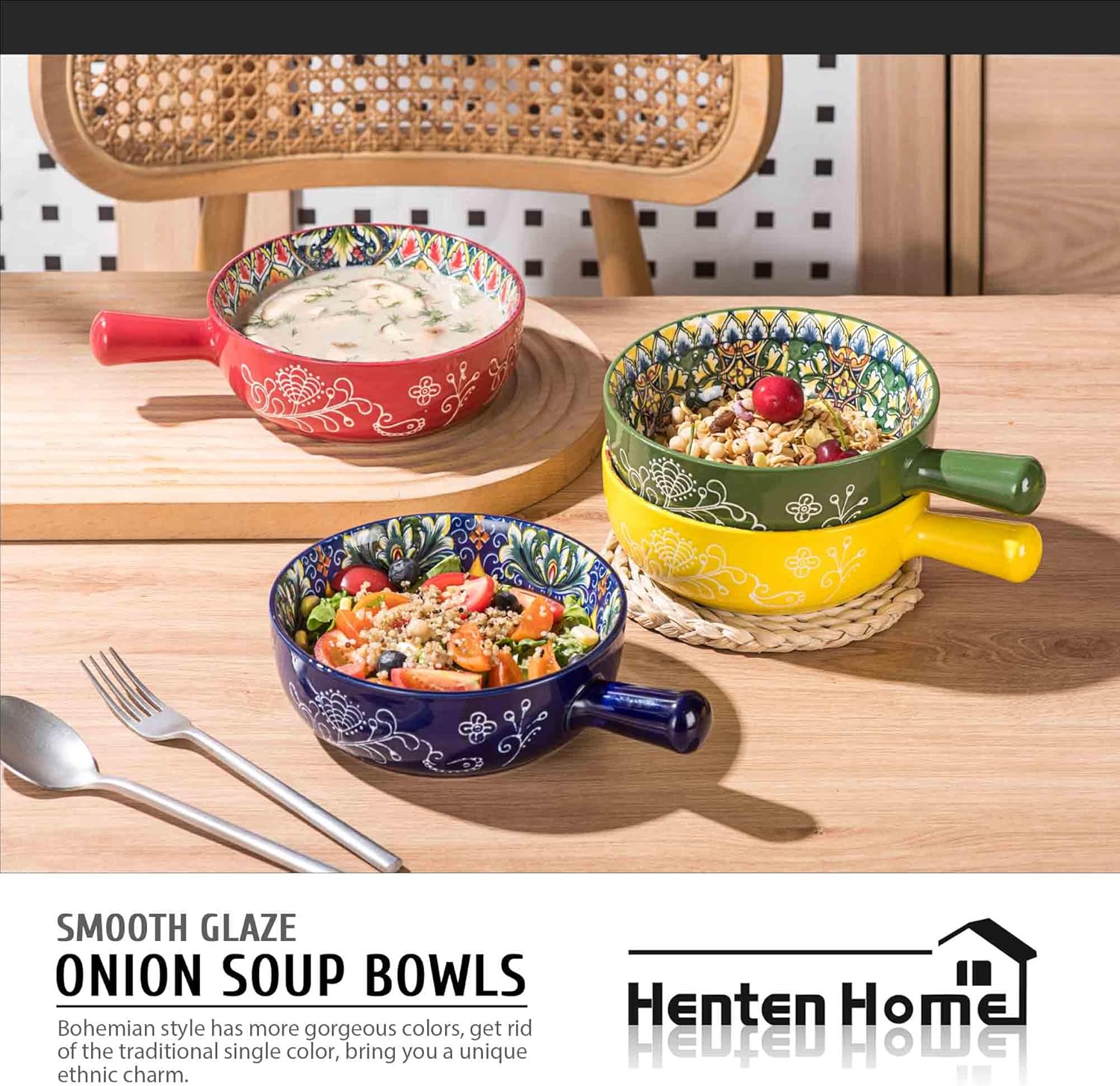 Henten Home 18 oz Soup Bowls with Handle, Porcelain French Onion Soup Bowl Set of 4, Ceramic Colorful Crocks for Pasta, Beef Stews, Cereal, Bohemian, Microwave & Oven Safe