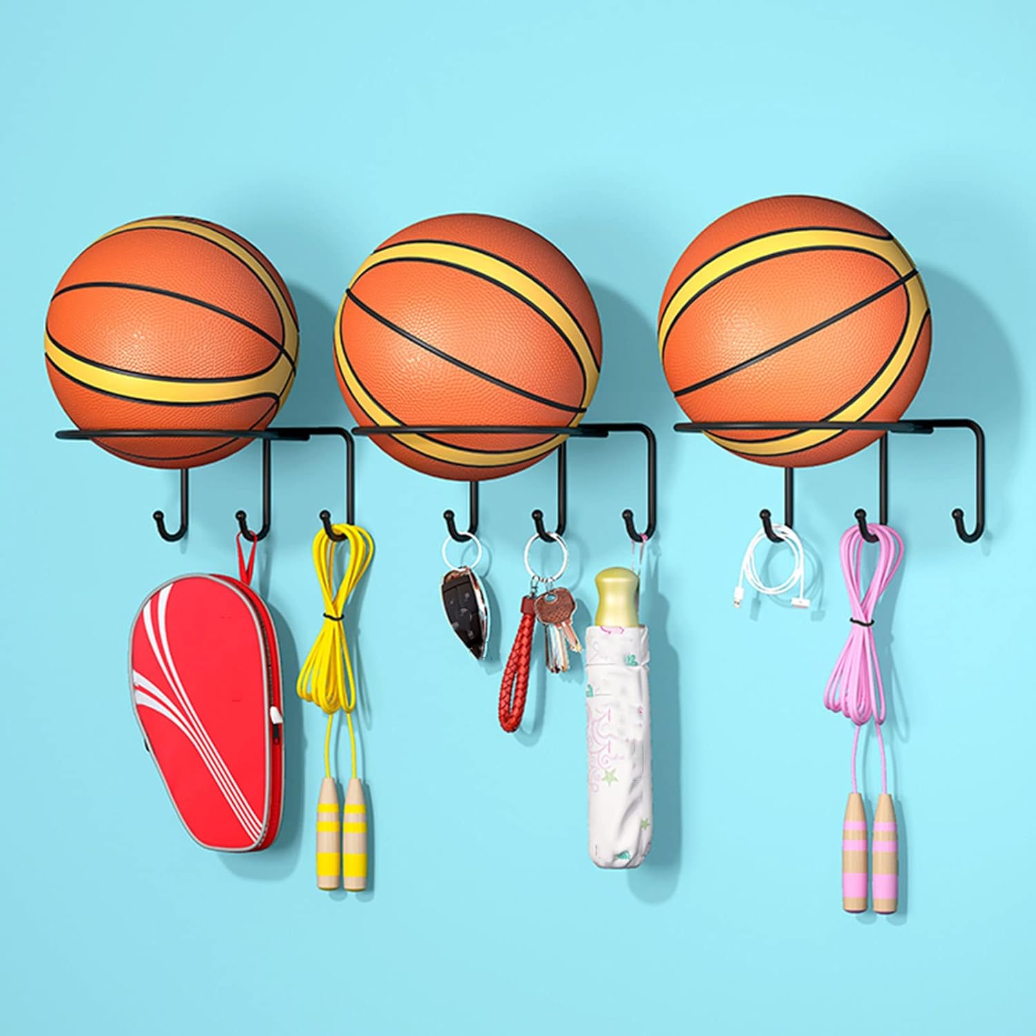 Wall Mounted Sport Ball Storage Rack Set, Basketball Holder with Hooks, Room Decoration Spheres Display Shelving Sports Equipment Organizer, Metal Shelf for Volleyball Ru（White-2-piece bracket）