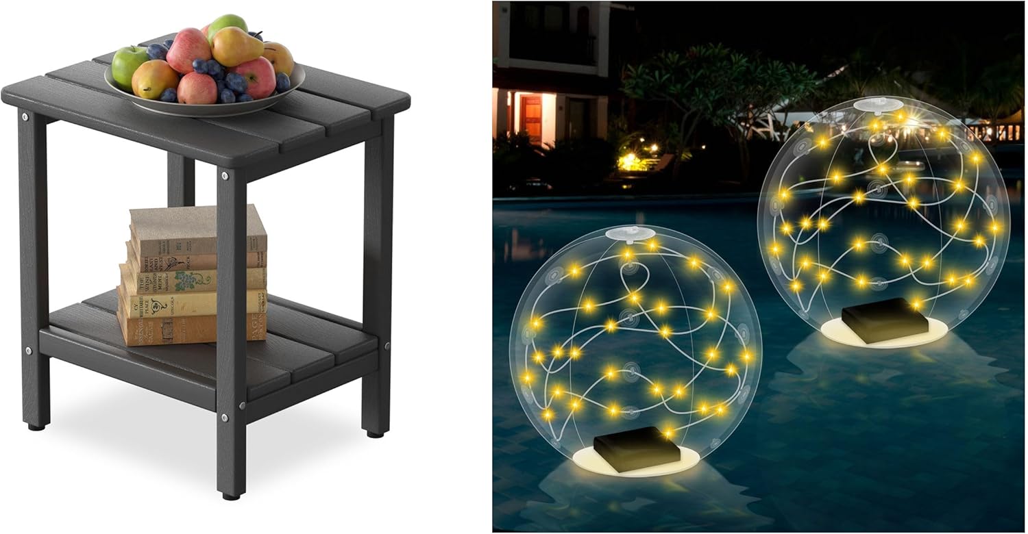 Small Grey Outdoor Side Table and 14-Inch Solar Pool Lights