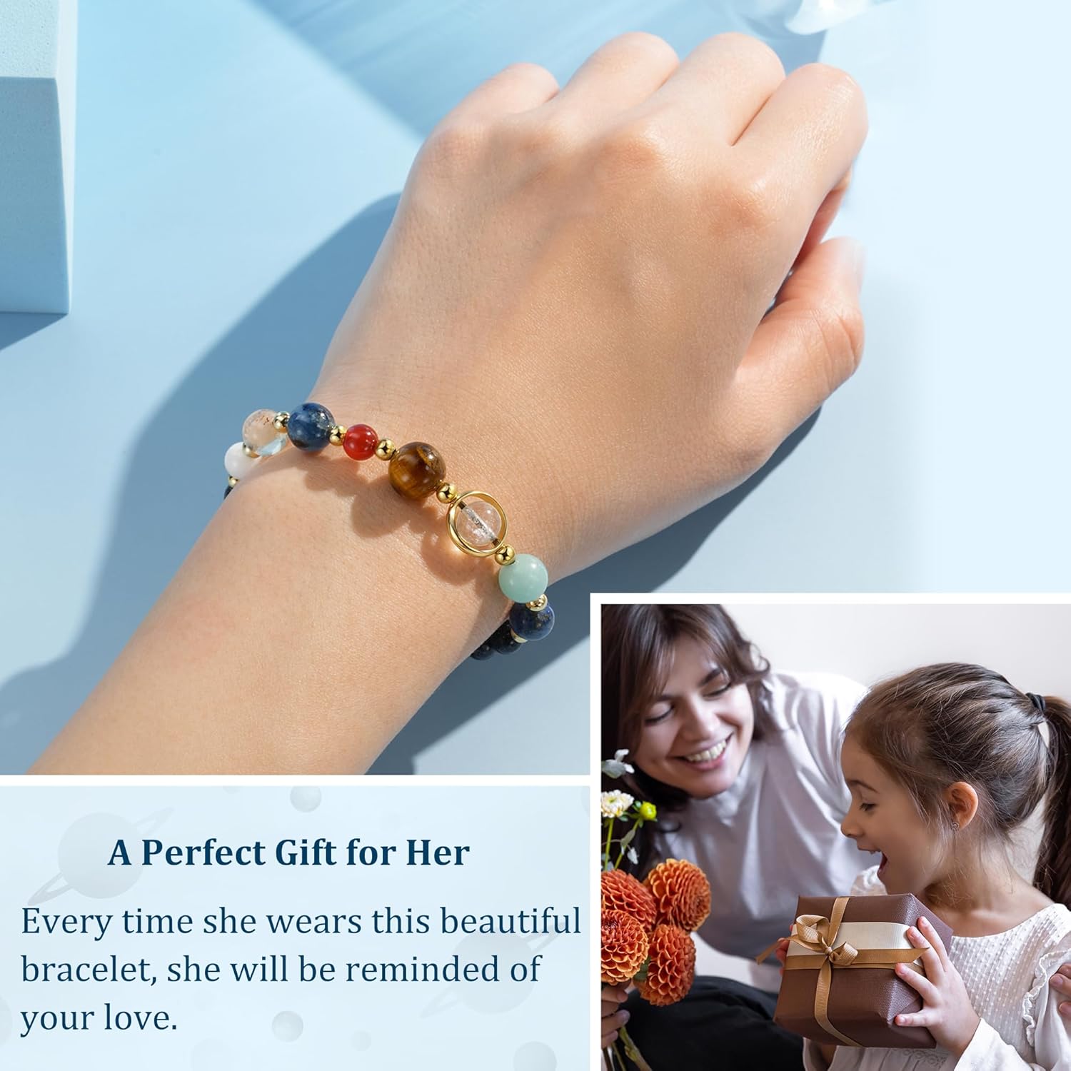 Solar System Bracelet – Eight Planets Beaded Bracelet with Natural Stones, Adjustable Jewelry Gifts for Teen Girls, Daughter, Granddaughter, Space Lovers