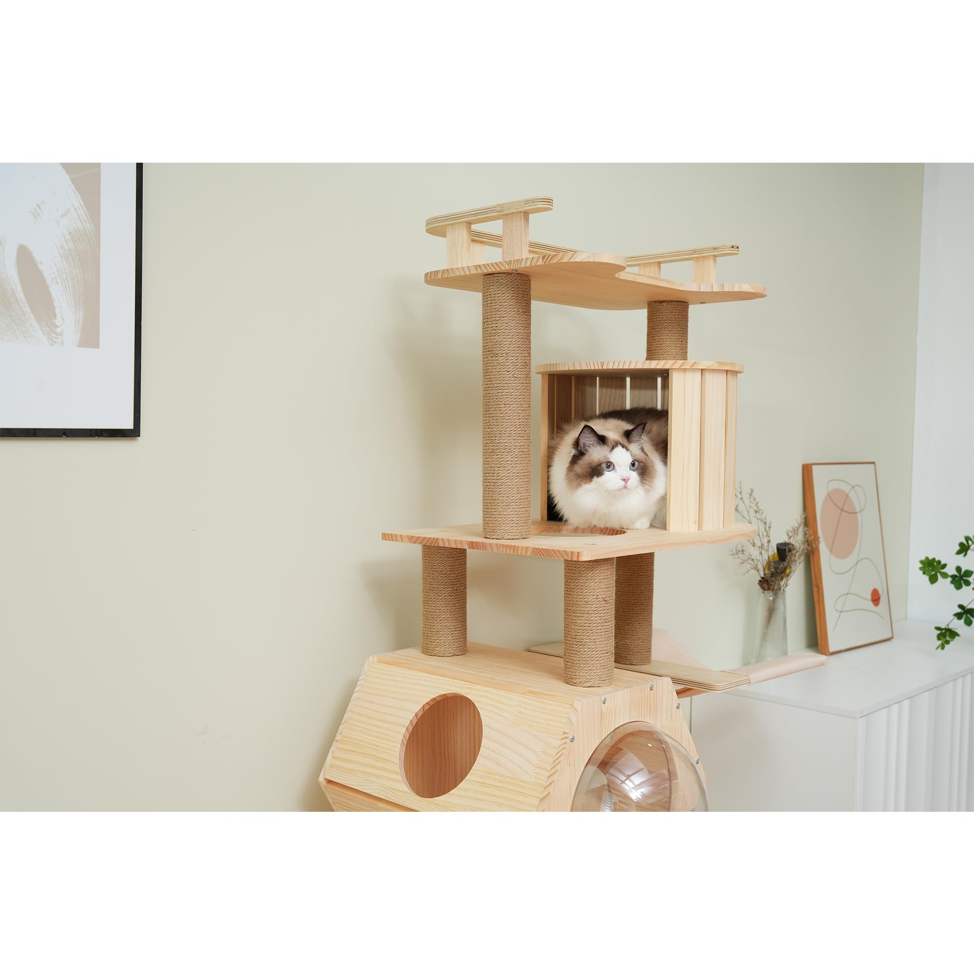 キャットタワー 木製 天然木 高さ164cm 据え置き 隠れ家 ハンモック付き Amazon | Laovyarw キャットタワー 木製 天然木 高さ164cm 頑丈
