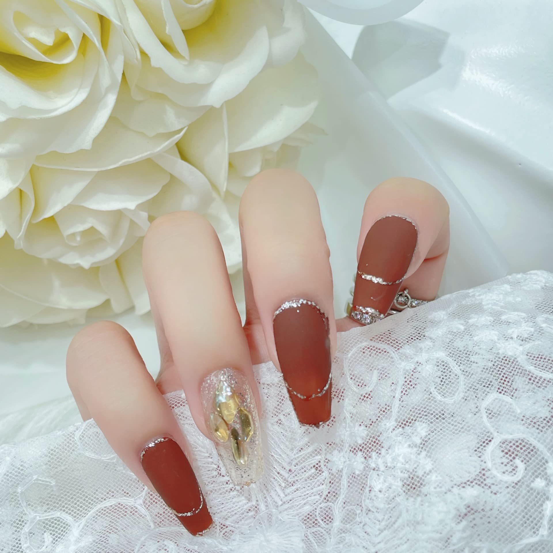 Bling Press on Nails, Unghie finte con finitura riutilizzabile di lusso, Nail Art fatta a mano con design di manicure con licenza (XL, A) (AL)