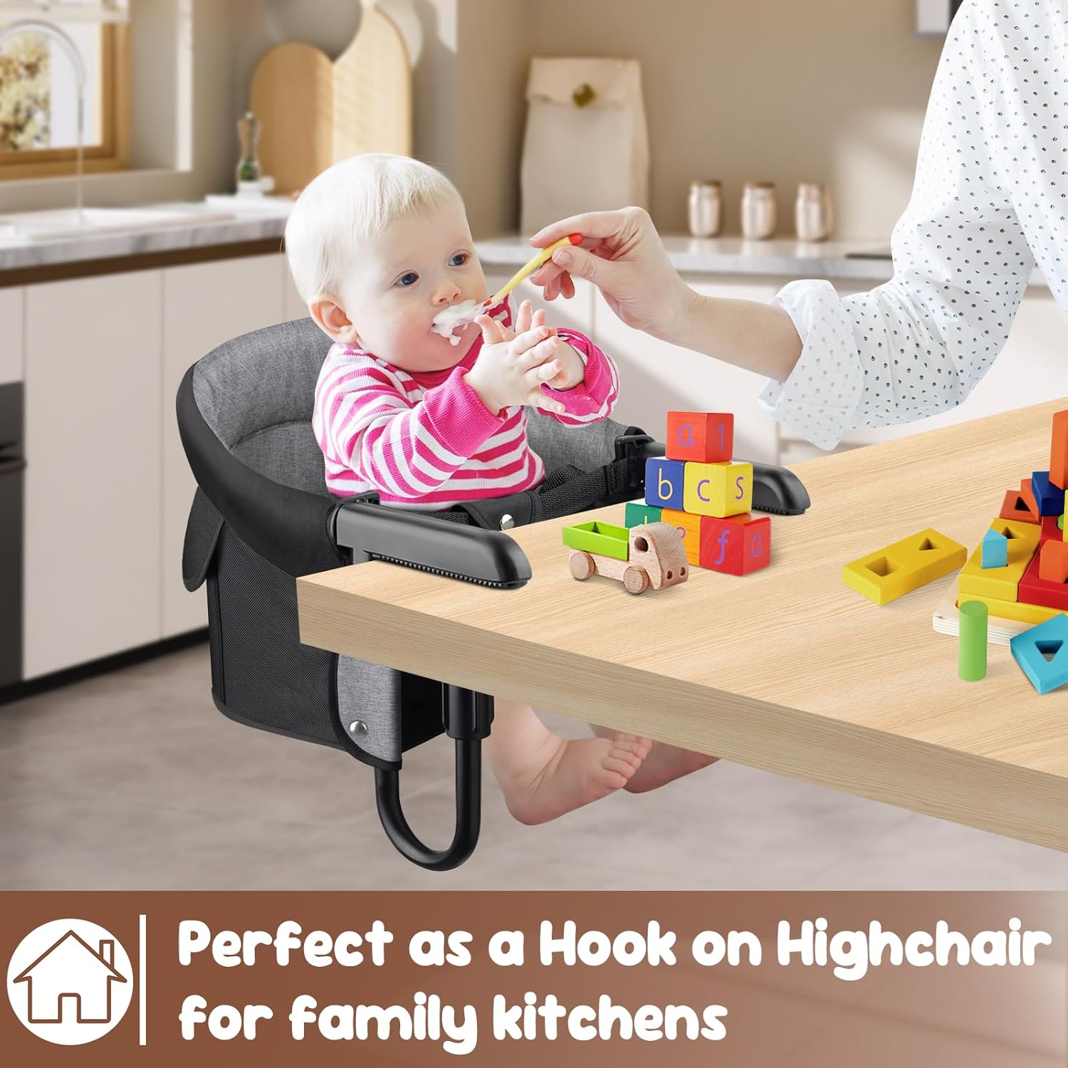 Hook On High Chair for Baby Toddlers (6-36 Months),Attach to Fast Table Chairs,Portable High Chair for Travel and Home,Restaurants,Foldable Storage Feeding Seat, Booster Seat for Kitchen Chair Black + Grey image 6 of 7 B0DP45GVDV