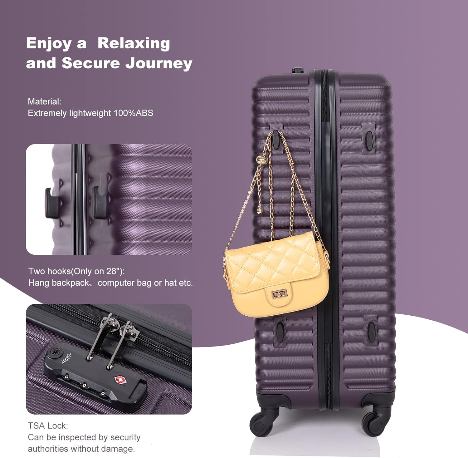 review 3-Piece Set Hardside Spinner, 3 Piece Luggage Sets ABS Lightweight Suitcase with Two Hooks, Spinner Wheels, TSA Lock, (20/24/28) (Purple)