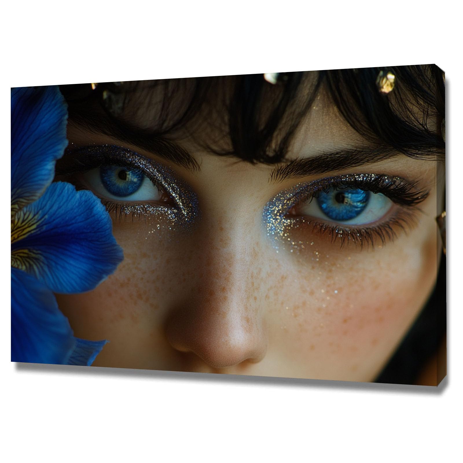 TERUEA Funny Bathroom Wall Art Print Woman with Blue Eyes and Iris Flower Portrait Vintage Humor Wall Art Poster for Bathroom Toilet Decor(Blue)-20x30cm Framed