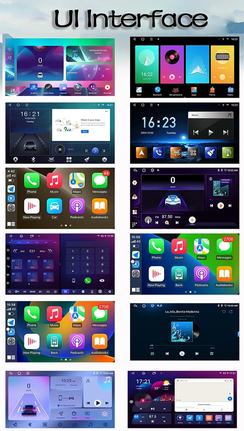 Various user interface screens of the Android car stereo