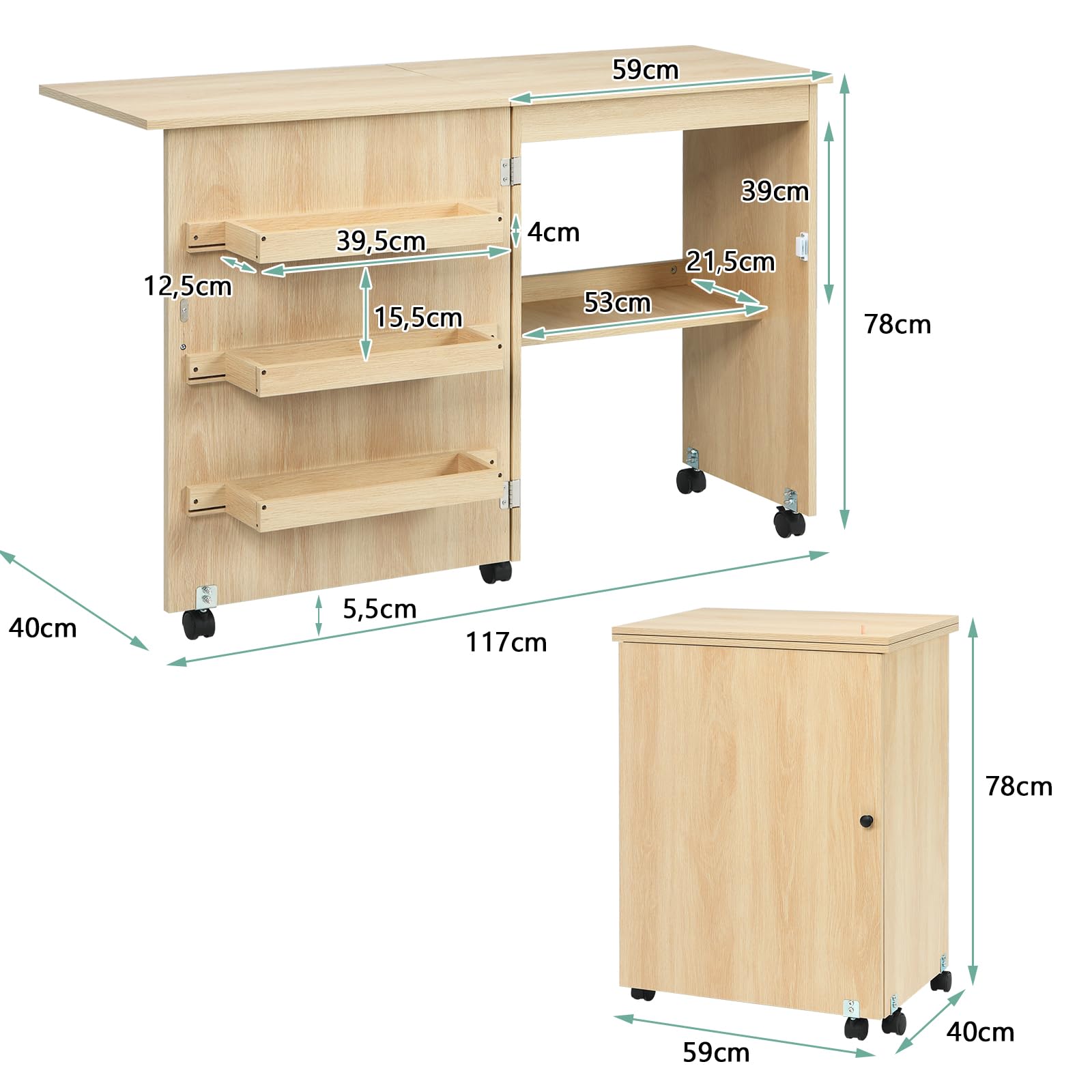 DREAMADE Table de Couture Pliante, Meuble Machine à Coudre en Bois avec 3 Étagères,Bureau Couture avec roulettes, 117X40X78CM (Couleur de Bois)
