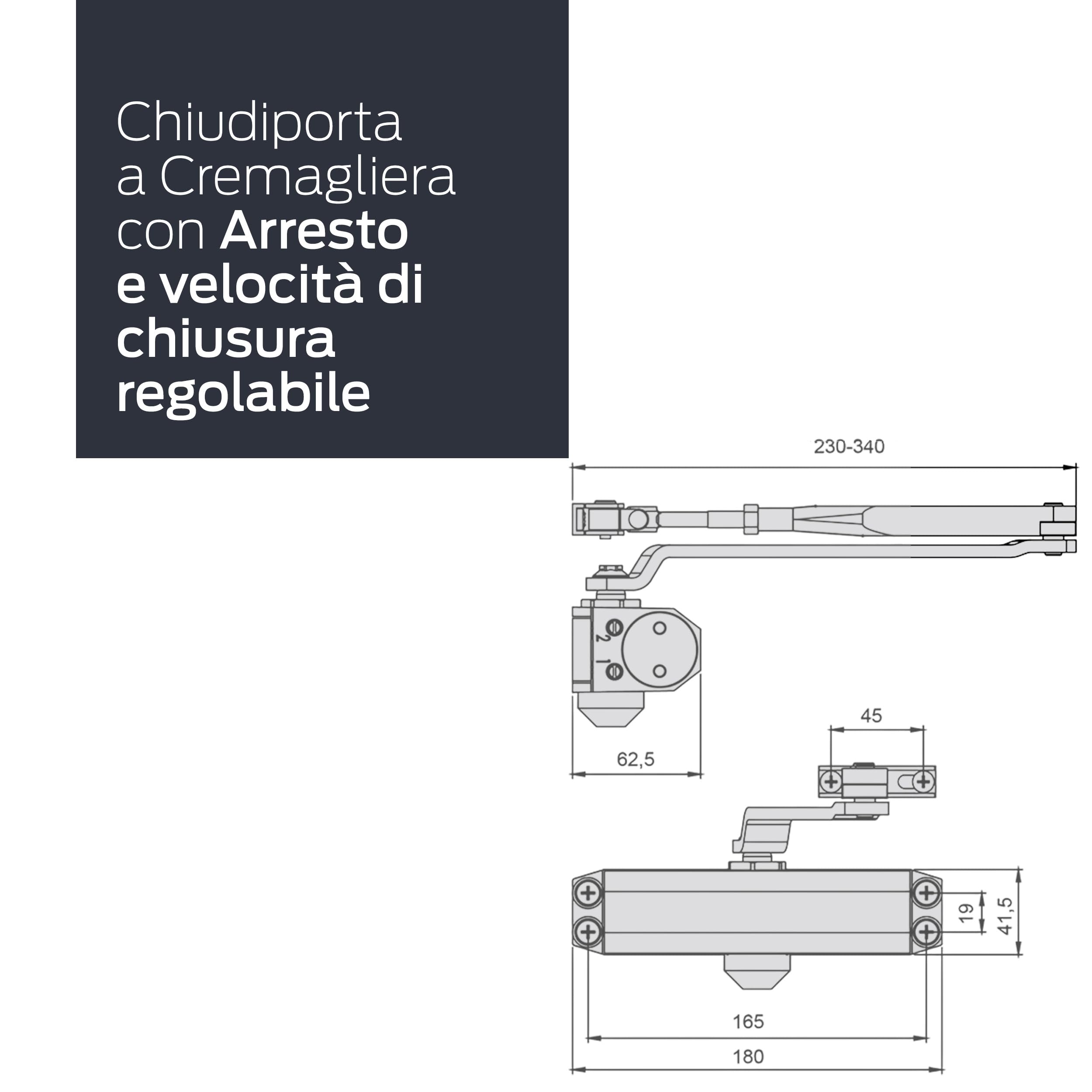 CISA - Chiudiporta CISA a Cremagliera con Arresto 16047103097 Serie 604 - Chiudiporta con Velocità di Chiusura Regolabile - Chiudi Porta per Porte Max 80 kg - Grigio