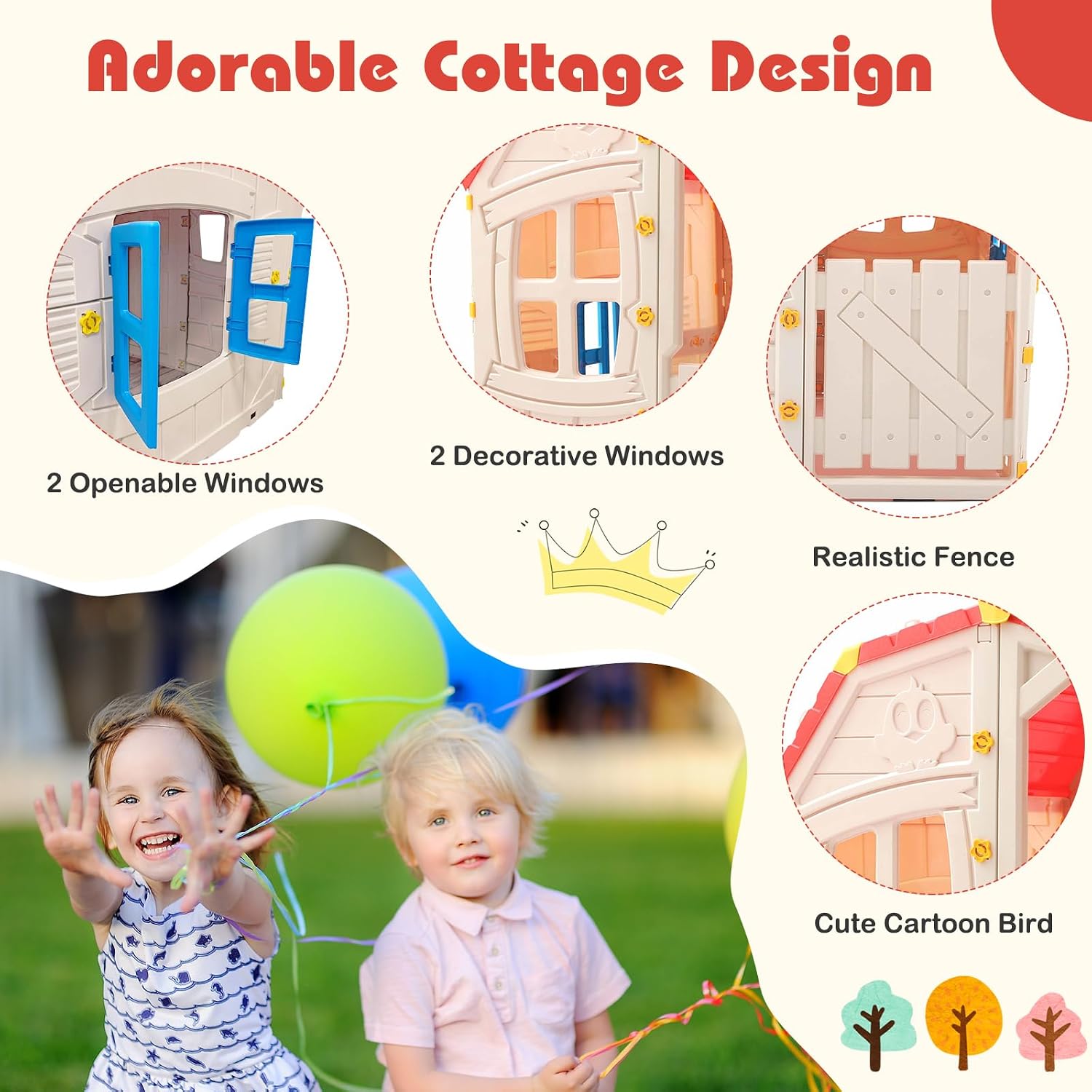 Costzon Outdoor Playhouse, Kids Cottage Clubhouse with Openable Windows & Door for Indoor Room, Garden and Backyard, Children’s Play Set for Pretend Play (Red & Blue)