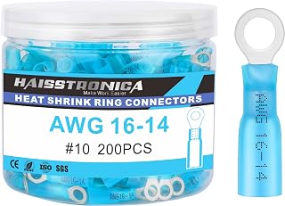 haisstronica 200PCS Heat Shrink Ring Terminals, 16-14 AWG, #10, Blue | Battery and Ground Stud Connections, 0.7 mm Ring Tongues, Engine and Battery Wiring, 3:1 Adhesive-Lined Seal