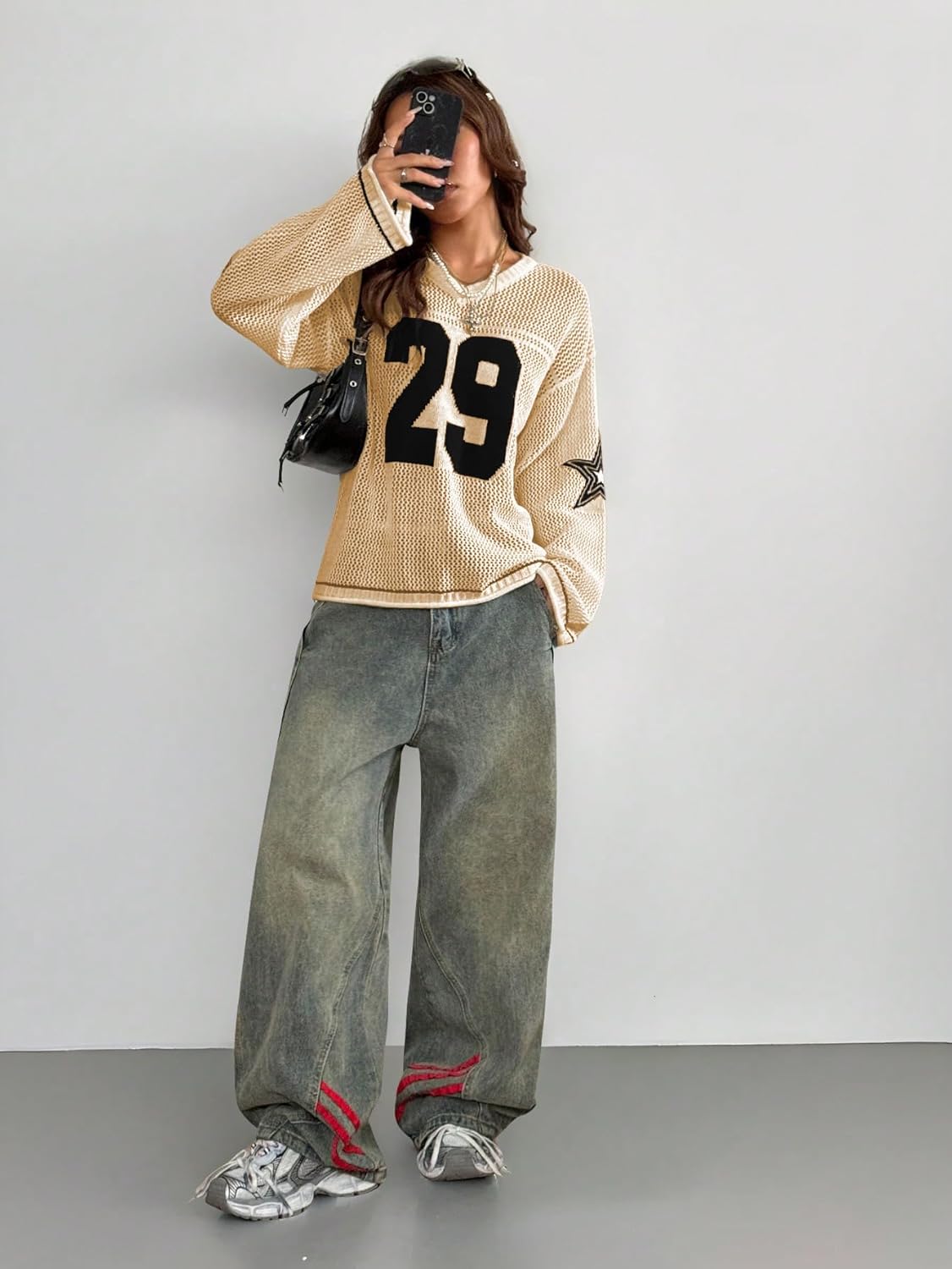 Verdusa Women's Y2k Tops Jersey Shirts Oversized Crochet Graphic Going Out Tops V Neck Pullover Sweater Streetwear - Image 5