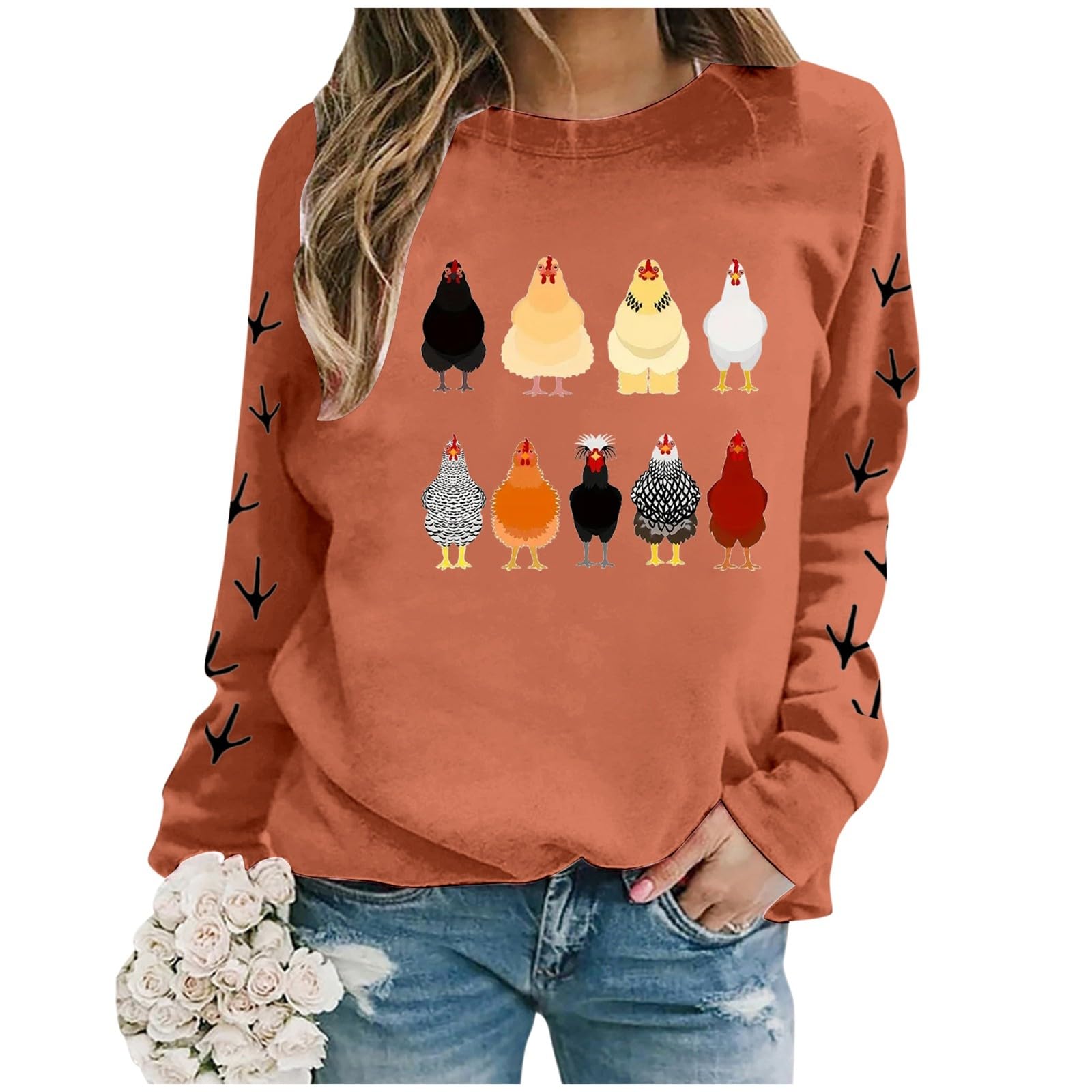 Jersey para mujer, algodón, manga larga, sin capucha, con estampado de pollo, holgado, cómodo para otoño, invierno, informal, deporte, ropa de calle, ocio, uso diario