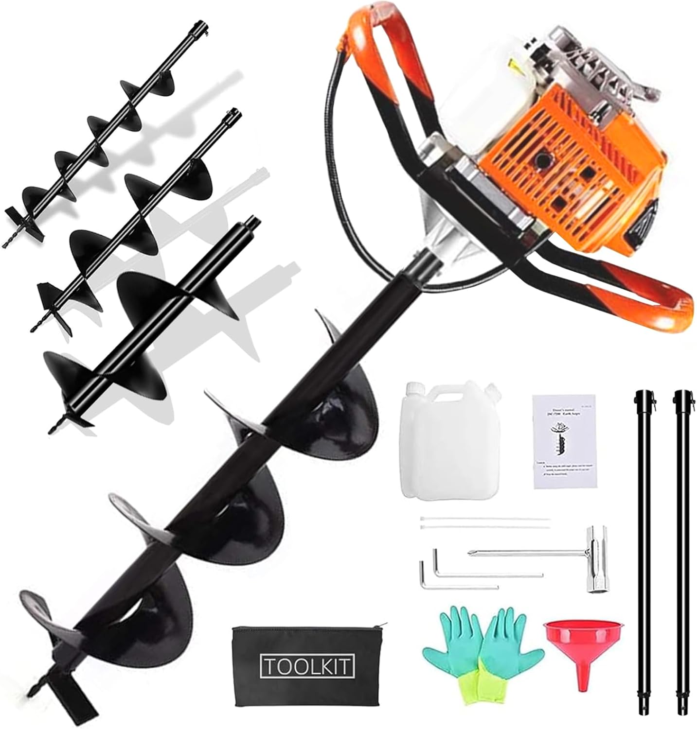 72CC Auger Post Hole Digger, 2 Stroke Gas Powered Earth Post Hole Digger with 3 Auger Drill Bits(4" & 8"& 12") + 2 Extension Rods(24"& 24") for Farm Garden Plant, Orange