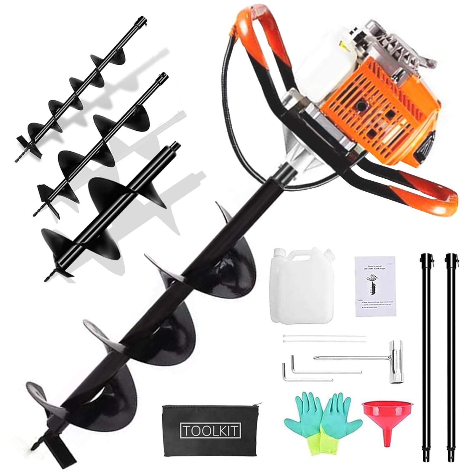 Erweater 72CC Auger Post Hole Digger, 2 Stroke Gas Powered Earth Post Hole Digger with 3 Auger Drill Bits(4" & 8"& 12") + 2 Extension Rods(24"& 24")