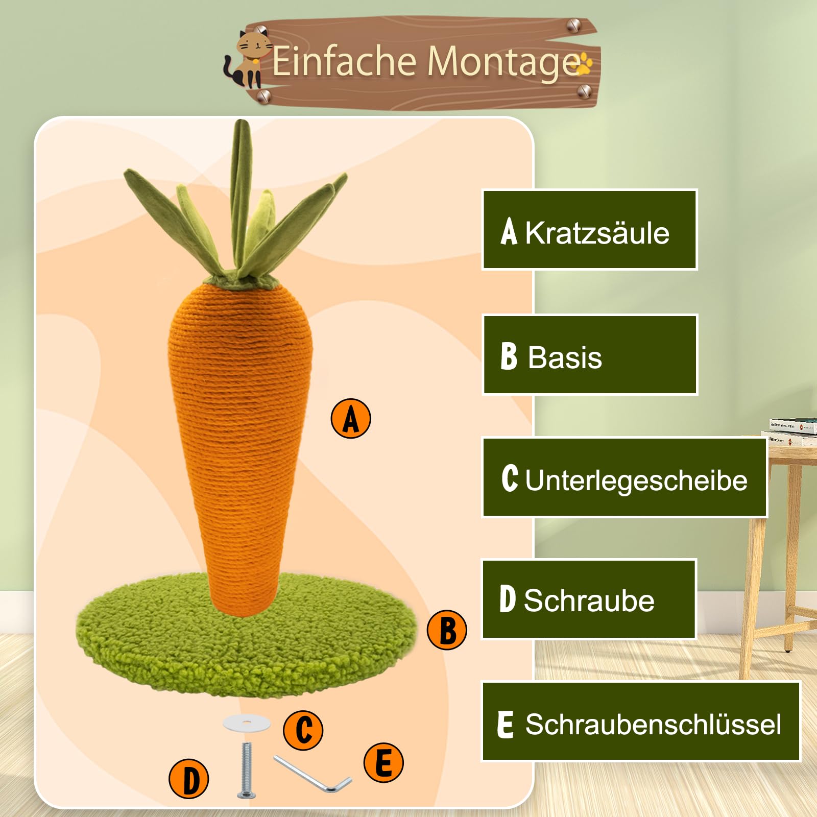 AUSCAT Kratzbaum Karotte, 42cm Süße Möhre Kratzsäule für Katzen, Kratzstamm aus Natursisal Indoor für Kätzchen
