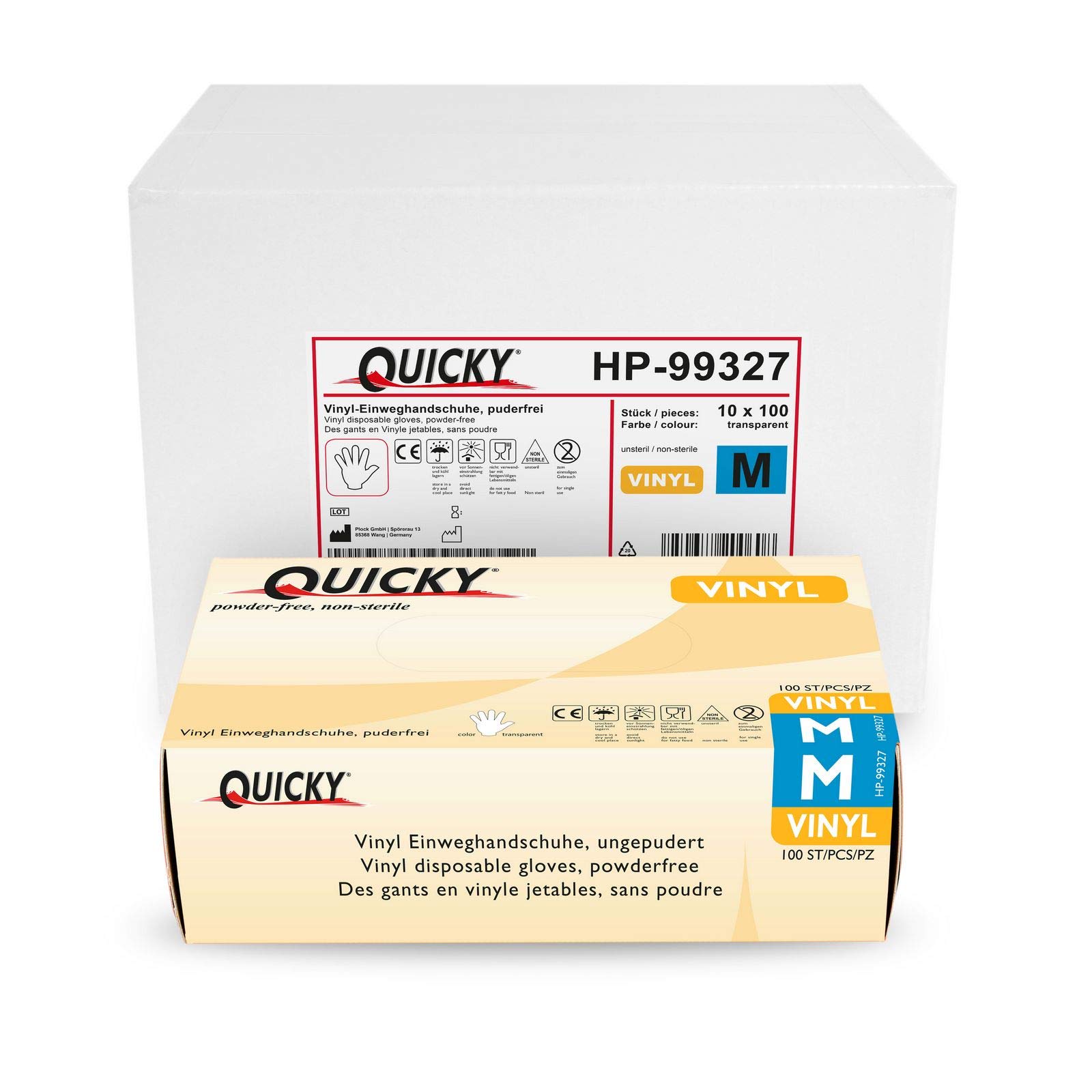 Quicky AQL 1.5 Lot de 10 boîtes de 100 gants jetables en vinyle, Non poudrés, Blanc, Taille M