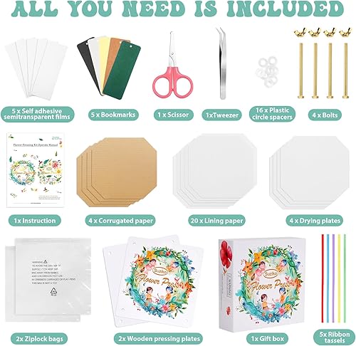 Miniatura 6 de Suziko Kit de prensa de flores, 7.87 x 8.26 pulgadas (7.9 in x 8.3 in), kit de flores prensadas creatividad, diseño único para reciclar flores y