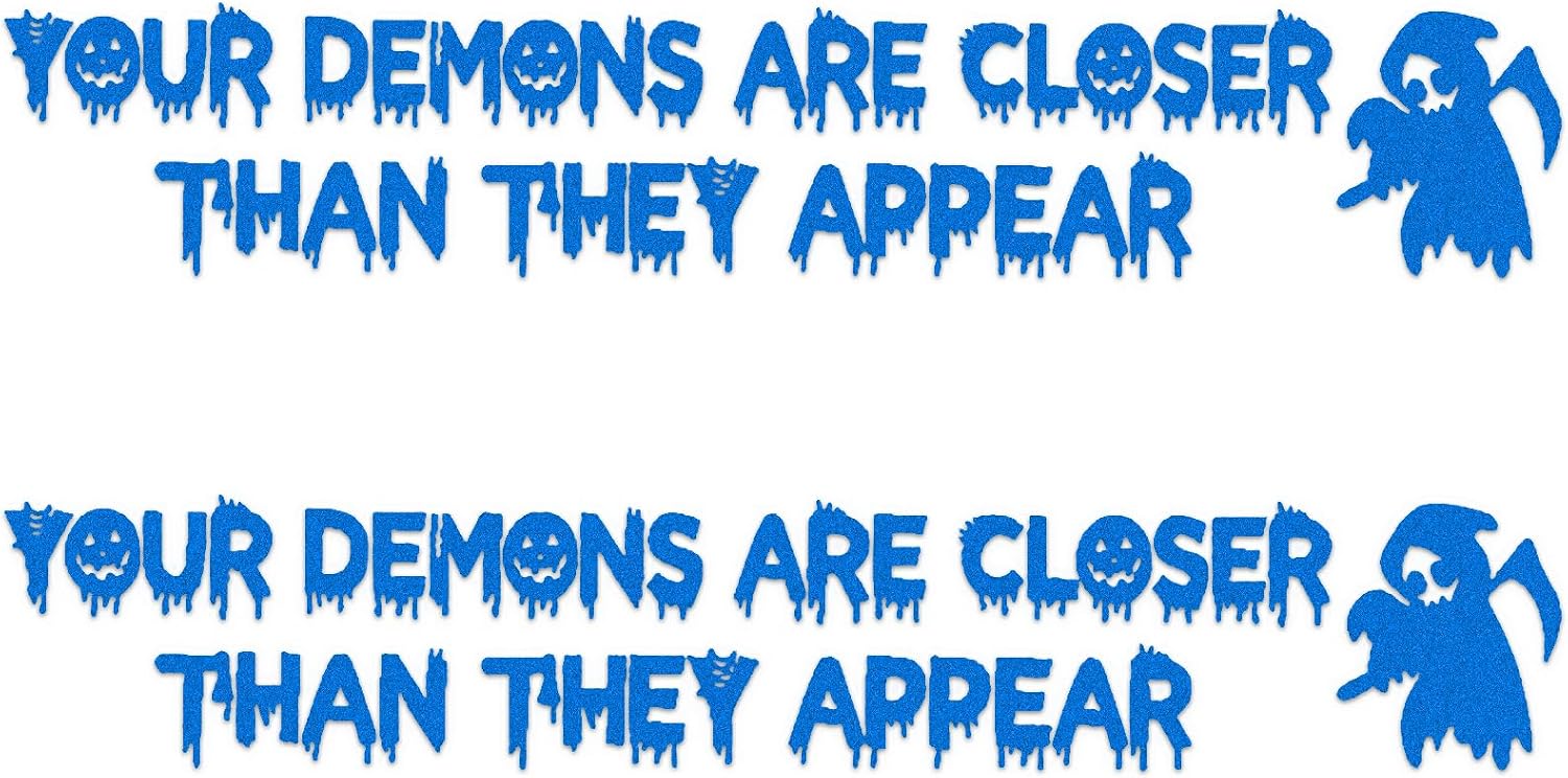 2PCS Funny Halloween Vanity Mirror Stickers, Goth Car Accessories, Your Demons are Closer Than They Appear Rearview Mirror Decal, Vinyl Waterproof Bumper Sticker for Most Vehicles (Blue)
