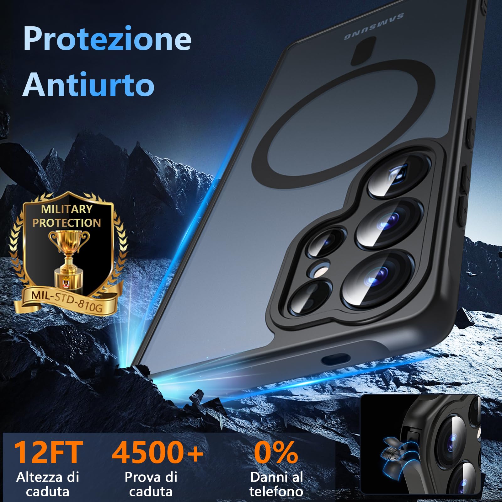 Hensinple Magnetica Cover per Samsung Galaxy S25 Ultra con Vetro Temperato, Compatibile con MagSafe, Custodia Samsung S25 Ultra Antiurto Traslucida Opaca Posteriore Sottile Resistente ai Graffi, Nero