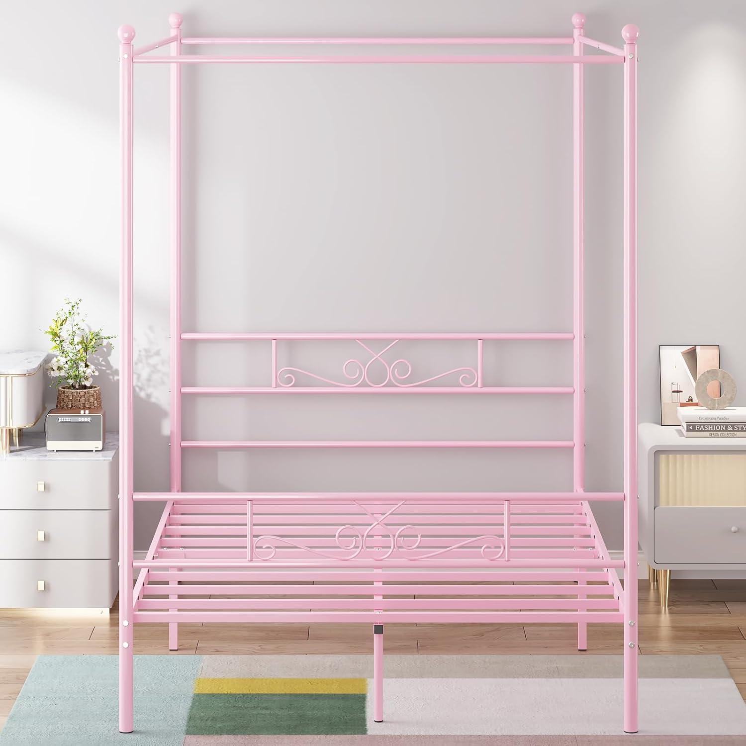 Weehom Full Canopy Bed Frame with Headboard and Footboard, 4 Posters Metal Bed Frame, No Box Spring Needed, Mattress Foundation Platform Bed for Kids and Adults, Pink