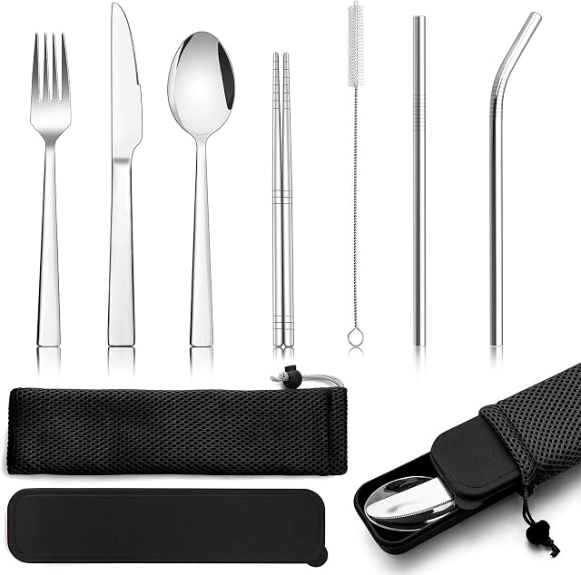 9 Piece Travel Cutlery Sets, Homikit Stainless Steel Camping Cutlery Set for 1, Including Silver Fork Knife Spoon, Chopsticks, Metal Straws, Cleaning Brush, Case & Bag, Portable & Reusable - Black