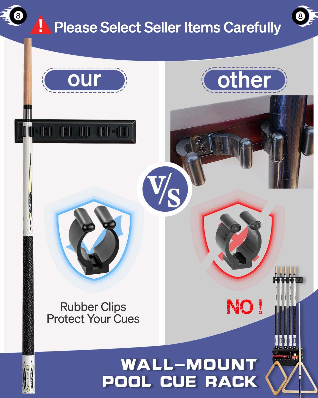 Support Mural Pour Queues De Billard – Bois Massif, 6 Emplacements, Clips Souples Anti-rayures