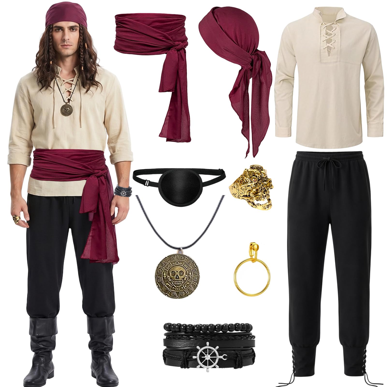 Crittygo Pirate Costume Men Adult, Pirate Outfit Set with Bandana Necklace Eye Patch Ring Bracelet, Pirates Fancy Dress for Halloween Carnival Cosplay Party