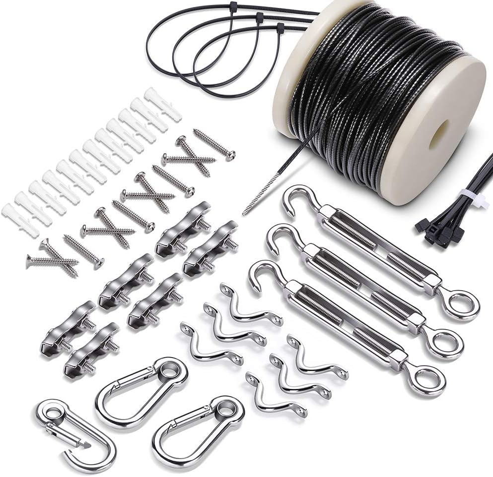Upgrade 55m/2mm Stainless Steel Wire Rope Cable kit for Climbing Plant,Catenary Wire Kit, Garden Heavy Duty Picture wire ,Outdoor Light Guide Wire,Turnbuckle and Hooks,2mm Wire Tensioner