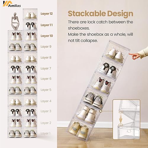 Miniatura 4 de Amllas Paquete de 10 cajas de zapatos transparentes apilables cajas de almacenamiento de zapatos para armario cajas de zapatos resistentes con