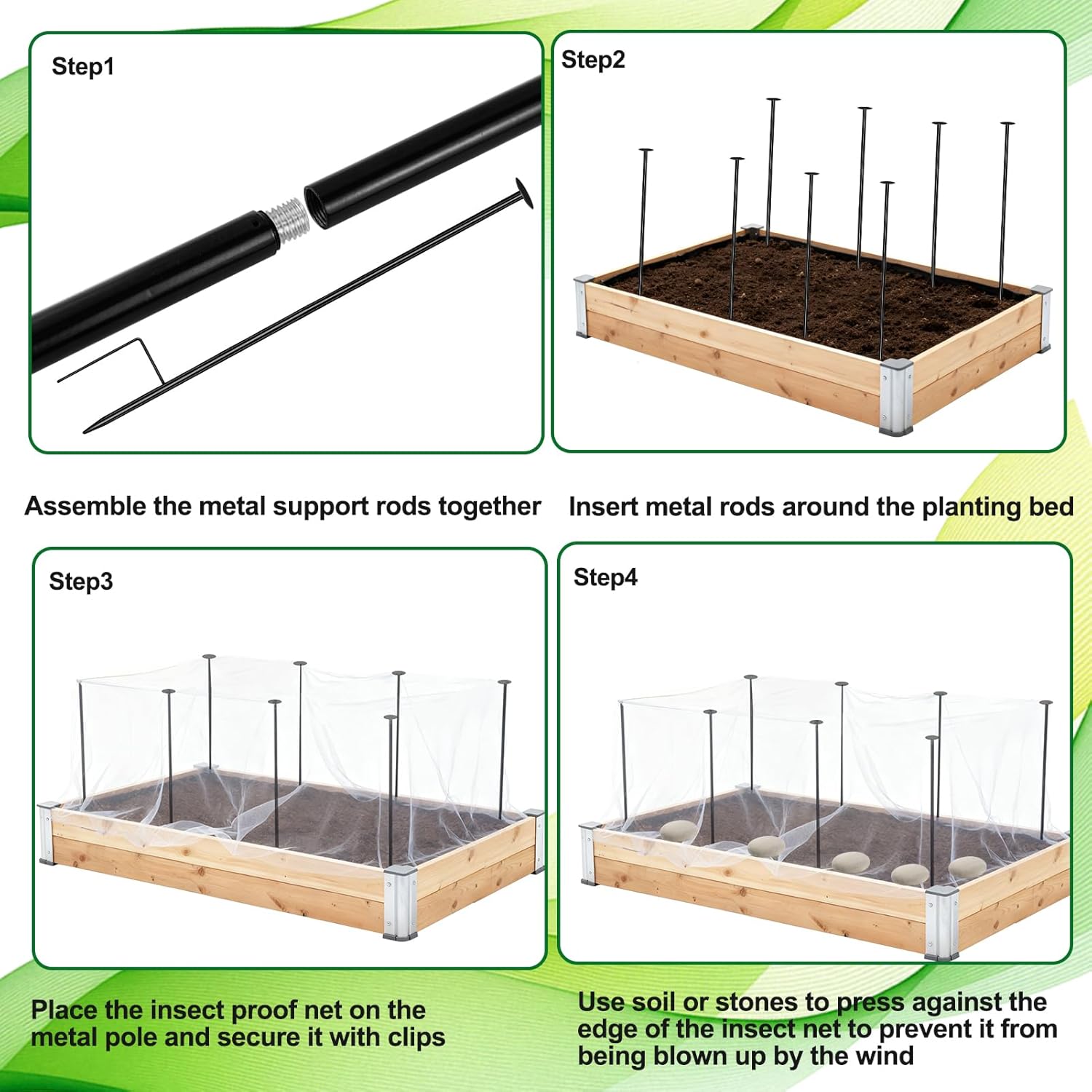 Metal Garden Netting Kit, 8 Pack 2.6ft Raised Garden Bed Net Support Stakes with 10´×13´ Fine Mesh Insect Netting 16pcs Clips Bird Barrier Screen Cover for Protect Plant Vegetable Row from Animals Bug