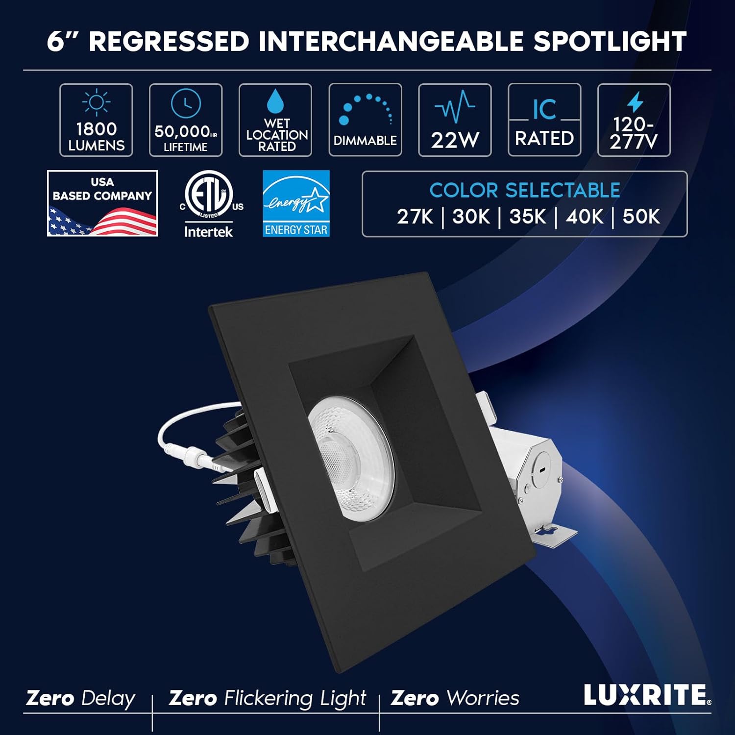 LUXRITE 6 Inch LED Recessed Light, Regressed Spotlight with Square Black Interchangeable Trim, 22W, 1800LM, 5CCT 2700K–5000K, 38°, Dual Dimmable, Twist-N-Lock, CRI90, Wet & IC Rated, ETL Listed