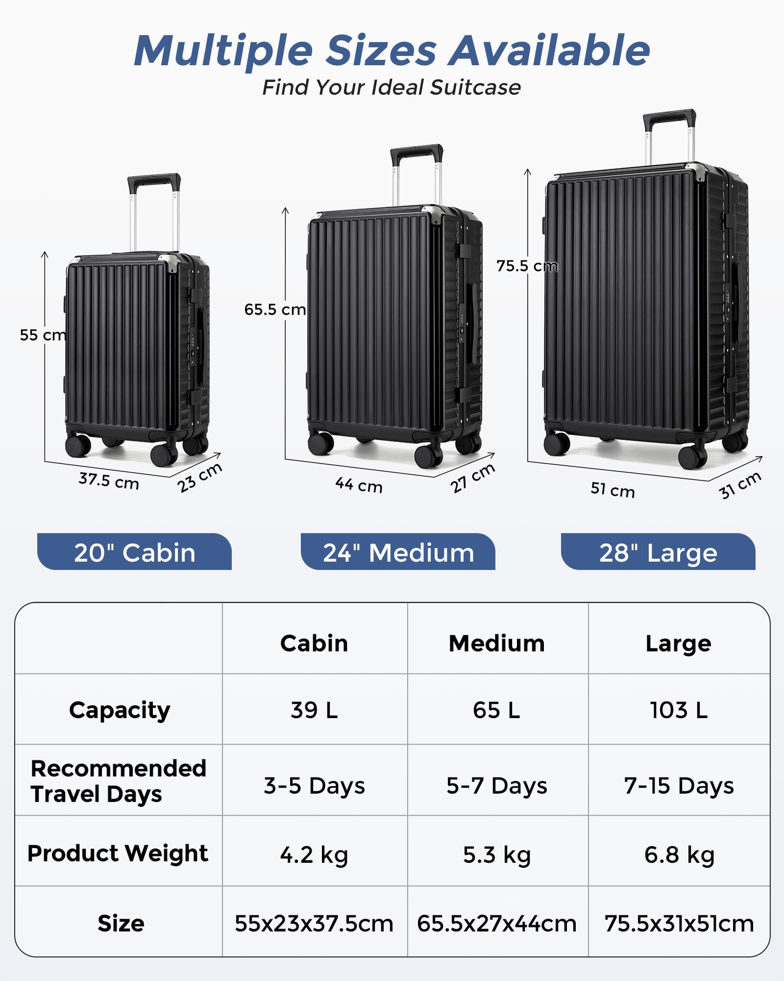 Kono Maleta Cabina 20 Pulgadas 55x23x37,5 cm 39L, Maleta de Mano rígida de PC sin Cremallera, Maleta de Viaje con TSA, portavasos y 4 Ruedas
