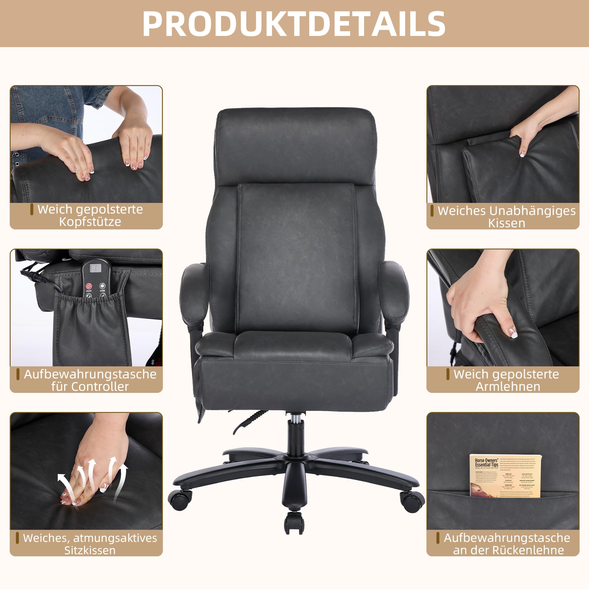 Bürostuhl mit Massage, Ergonomischer Kunstleder Chefsessel mit 135° Liegefunktion, Höhenverstellbar Drehstuhl mit Klappbarer Sitzfläche, Gepolstertem Lendenkissen Schreibtischstuhl (Schwarz)