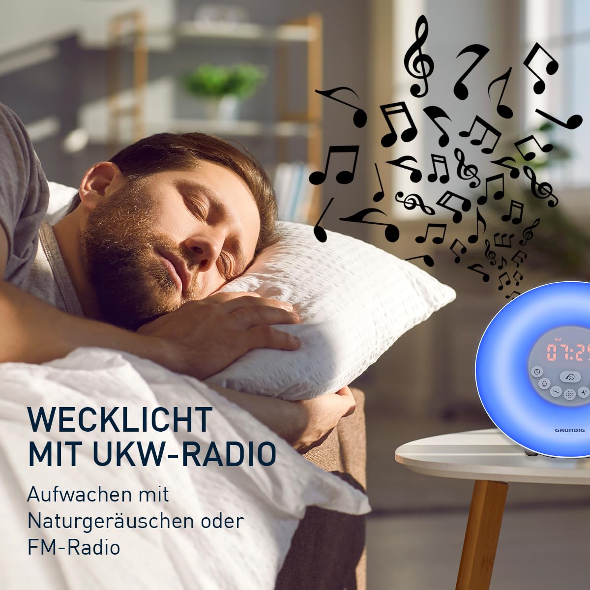 Grundig Lichtwecker mit FM-Radio - Tageslichtwecker mit 10 natürlichen Klängen - Wecker mit Farbwechsel-LED und Zonsopgangsimulation - Schlummer- und Timerfunktion, Weiß