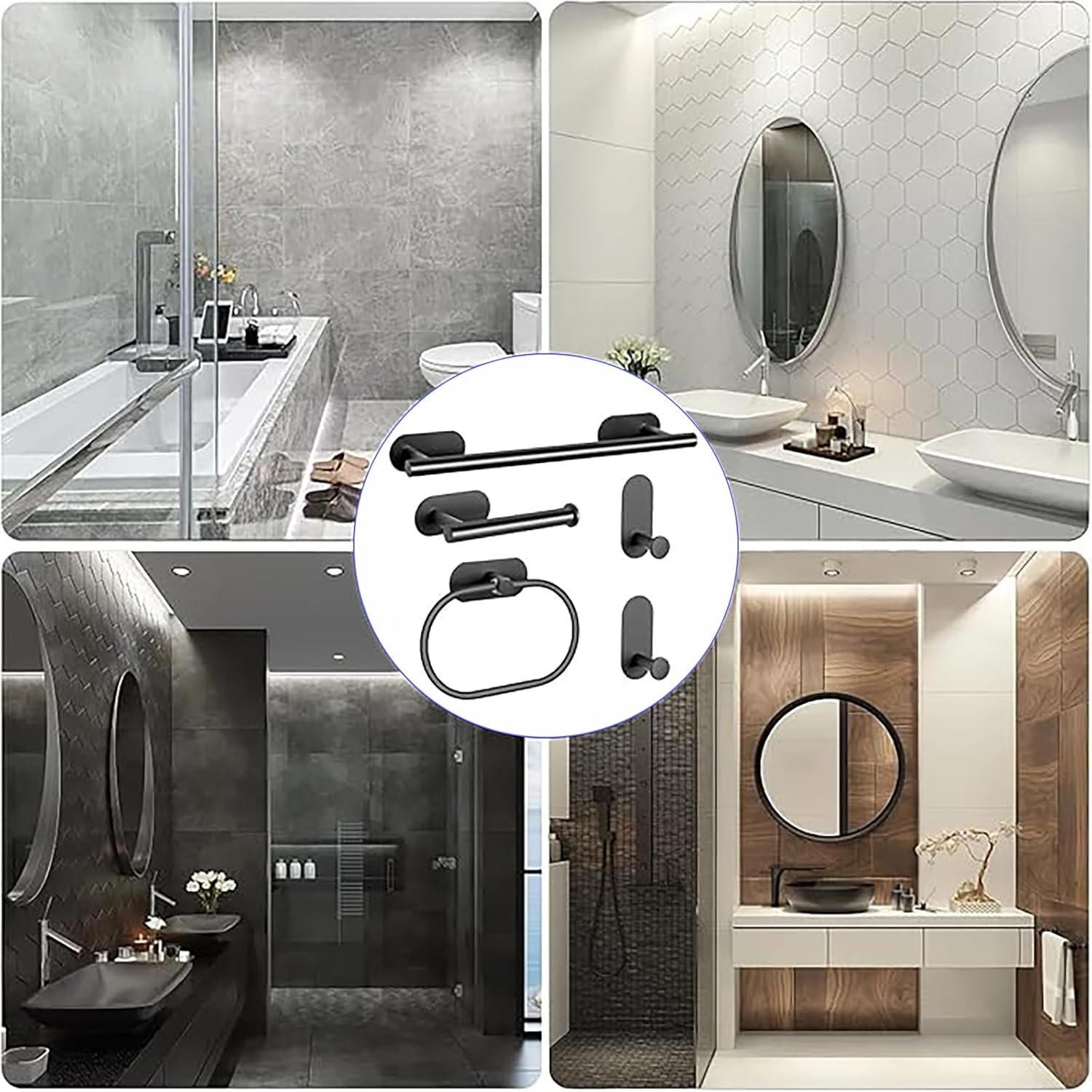 Bathroom Hardware Set, 16" Bathroom Towel Holder with Toilet Paper Holder, Towel Ring, Towel Hook, Bathroom Accessories for Kitchens, Laundry Rooms (10, Black)