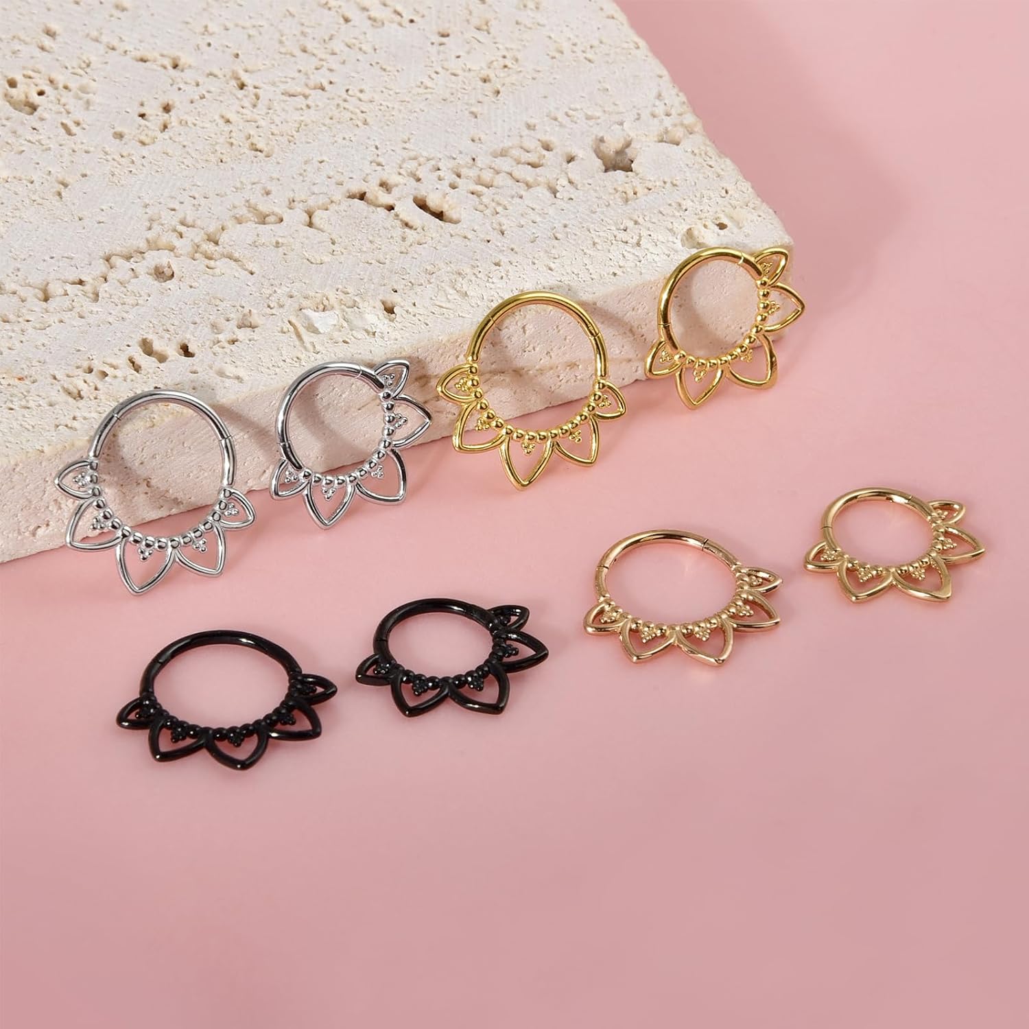 Lantine Flower Septum Ring Minimalist Lotus Flower Daith Piercing Jewelry Golden Surgical Steel Hinged Segment Clicker Tragus Rook Cartilage Piercing Hoop Earring