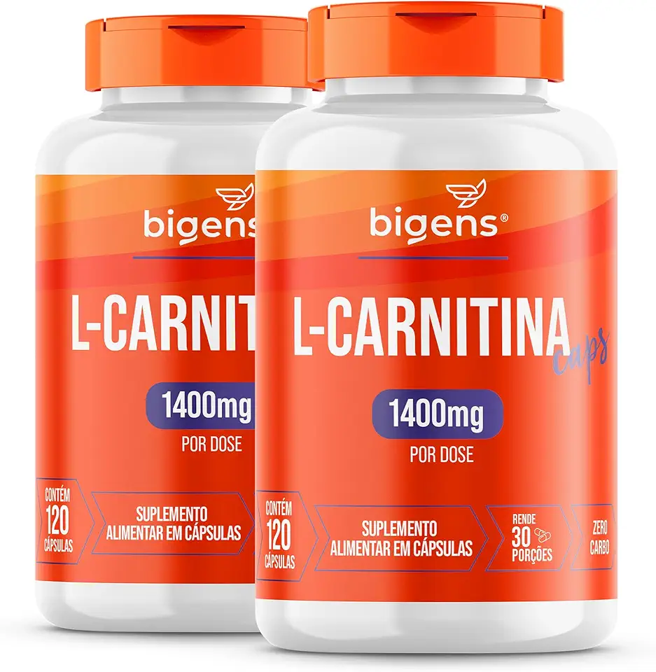 L-Carnitina, 1400mg por dose, 120 Cápsulas, Zero Carboidratos, Bigens (Kit 2)
