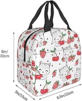 Vista 4 de Lonchera Kawaii con diseño de conejo y fresa para mujeres y hombres, bonita lonchera aislada con bolsillo frontal para trabajo, picnic y viajes