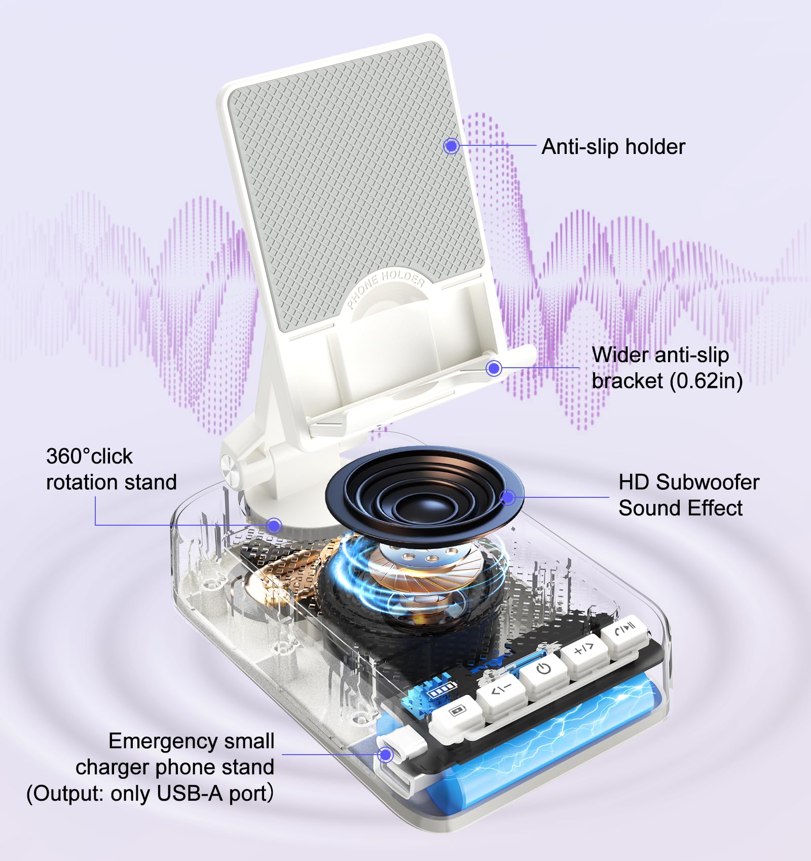 Supporto per telefono cellulare con funzione di ricarica, girevole a 360°, regolabile, suono surround HD, per scrivania, adatto a tutti i telefoni e tablet (bianco)
