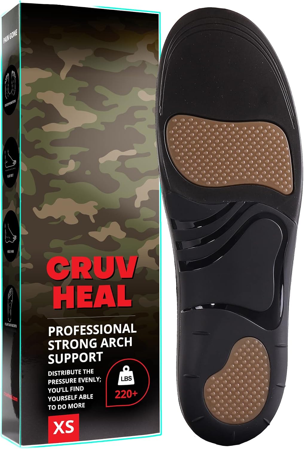 220+lbs Plantar Fasciitis Strong Arch Support Insoles Men Women - Flat Feet - Orthotic Insoles High Arch for Arch Pain - Work Shoe Boot Inserts - Support Pain Relief (XS, Dark Military)