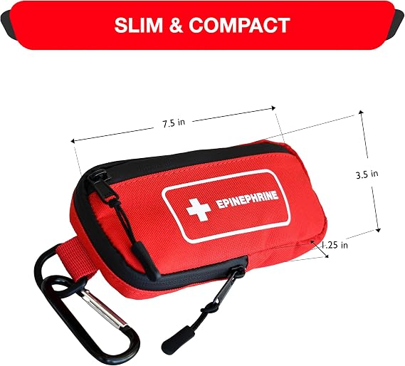 EpiPen Insulated Carrying Case Slim Design Holds 2 EpiPens & Accessories Heavy-Duty Canvas with Carabiner & Medical ID Card (Red)